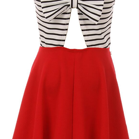 Sleeveless Girls Dress Two Tone Stripe Bow Open Back Party Flower Girl Dress Red - Picture 6 of 6